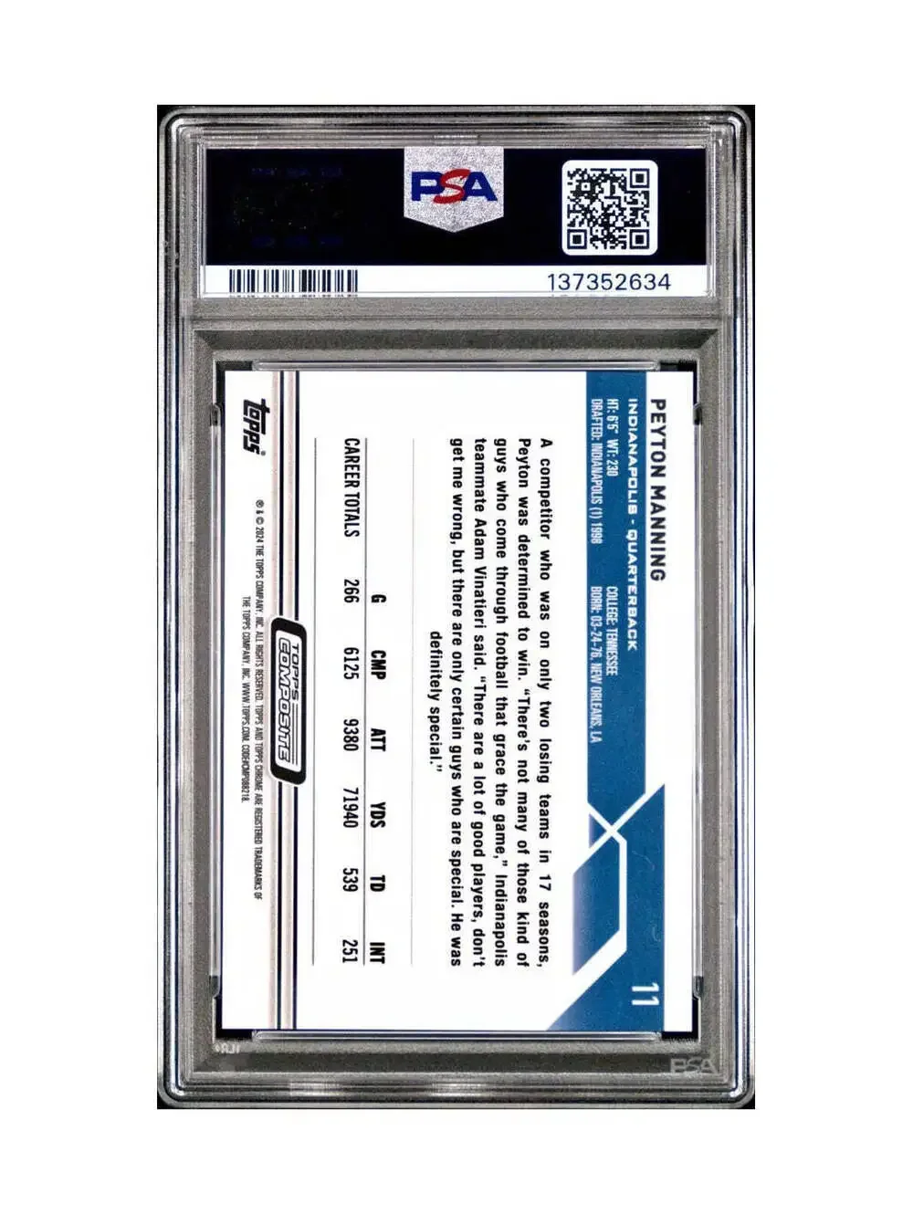 Peyton Manning 2023 Topps #11 057/199 Aqua Refractor PSA 9 Mint